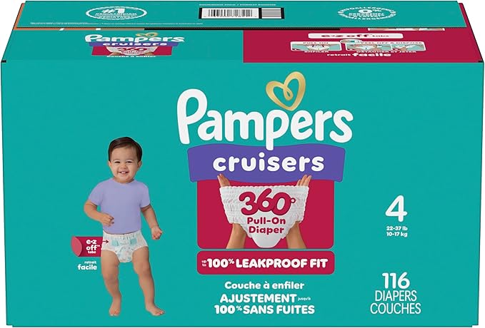 Pampers Diapers - Cruisers 360 - Size 4, 116 Count, Babyproof up to 100% Leakproof Pull-On Diaper
