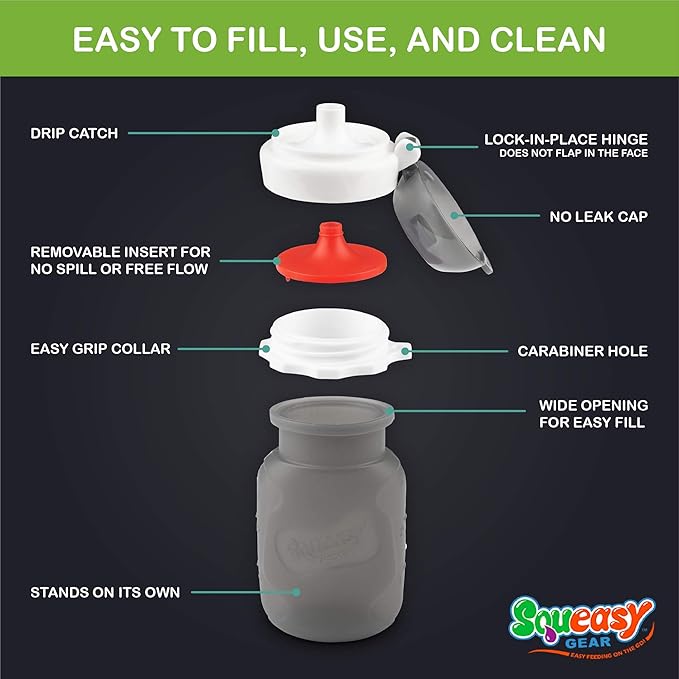 Grey 3.5 oz Squeasy Snacker Spill Proof Silicone Reusable Food Pouch - for Both Soft Foods and Liquids - Water, Apple Sauce, Yogurt, Smoothies, Baby Food - Dishwasher Safe