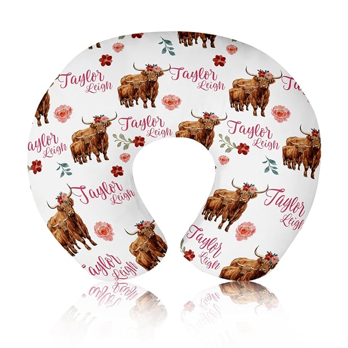 Baby Nursing Pillow Cover - Personalized Name Breastfeeding Pillow Cover with Highlands Cattle Pattern, Stretchy Removable U-Shaped for New Moms, Soft Breathable Slipcover for Infant Boys Girls