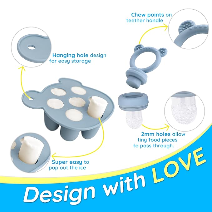 Silicone Baby Food Feeder & Freezer Tray Set, Self Feeding Teething Toy, Breast Milk Popsicle Mold, BPA Free for 3+ Months, Additional Silicone Pouches