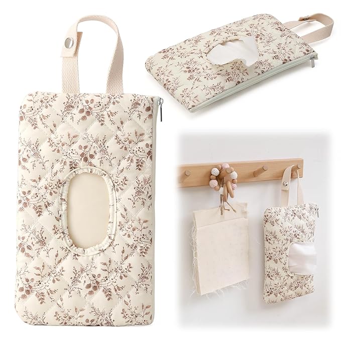 Quilted Baby Wipe Holder, Canvas Floral Quilted Pouch with Hanging Strap, Portable Diaper Wipe Holder for Travel Stroller-Beige