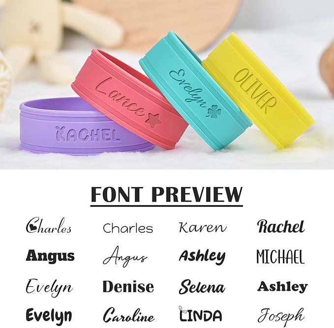 3UMeter 4PCS Personalized Waterproof Name Labels for Kids Custom Silicone Bottle Labels Engraved Non-Slip Elastic Reusable Water Bottle Name Bands for Boys Girls