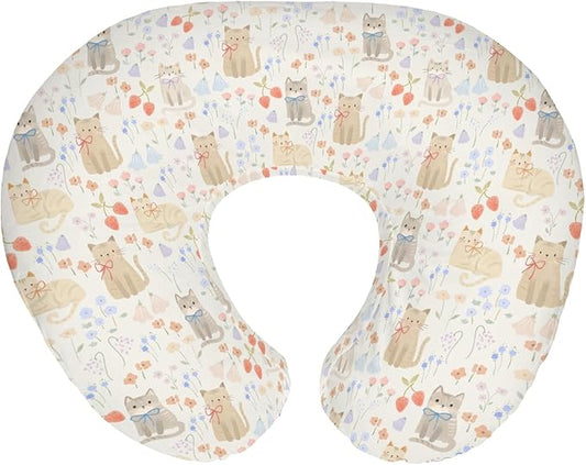 Boho Cats Bows Strawberries Flowers Baby Nursing Pillow Covers for Boy Girl Cute Kittens Meadow Floral Nursery Pillowcase for Breastfeeding Pillows Cat Lovers Gift Soft Stretchy Slipcovers for Infant