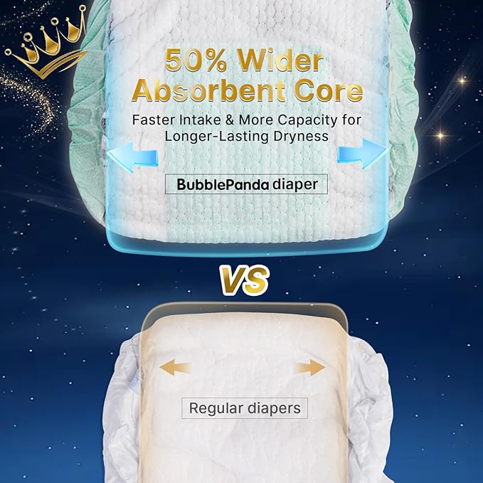 BubblePanda Overnight Diapers, Baby Diapers Nighttime Protection with Dual Absorbent Core, Wider Absorbent Zone, Leak Proof & Soft Surface, Disposable(Size 6, Count 68)
