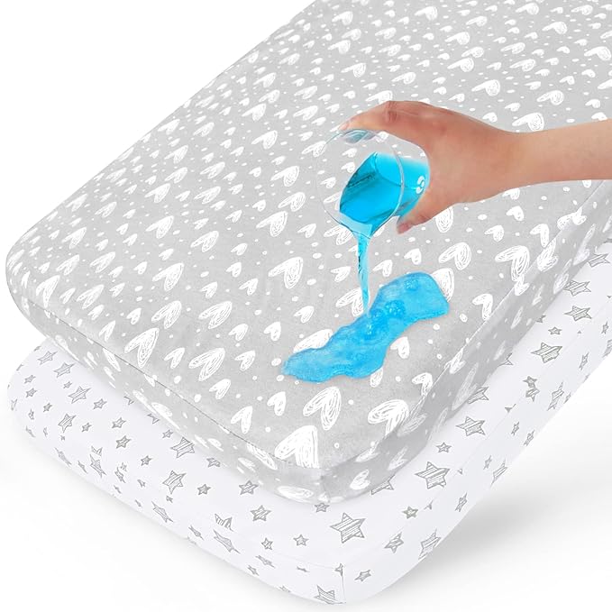 Waterproof Bassinet Sheets Fit for Miclassic, Baby Delight, TCBunny, Milliard, Dream On Me Traveler/Skylar and Other Bedside Sleeper Bassinet Mattress, 100% Organic Cotton, White Grey Print for Baby