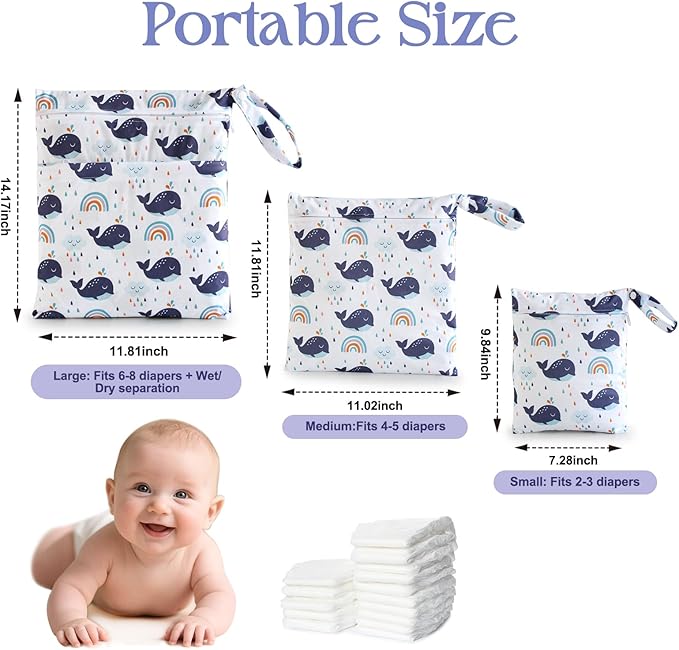 3 PCS Waterproof Wetbag, Wet Bags for Baby Cloth Diapers and Soiled Clothes, Reusable Wet Bag for Swimsuit and Towels with Double Zipper Pockets, Travel Beach Pool Essentials