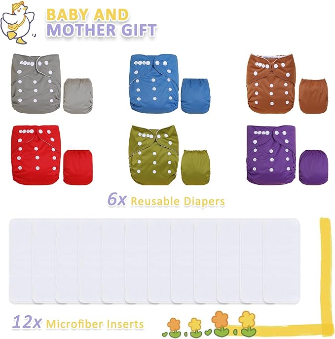 TDIAPERS Cloth Diapers Reusable Washable Pocket Diapers Cover One Size Adjustable for Baby 6 Pack with 12 Inserts