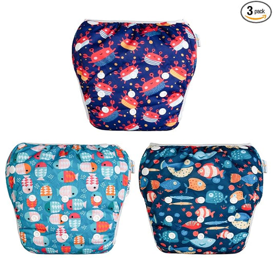 Babygoal Baby Boy Swim Diapers 3 Pack for 0-8 Months Infant, Reusable Adjustable Washable for Swimming Lessons-Crab,Fish,Starfish