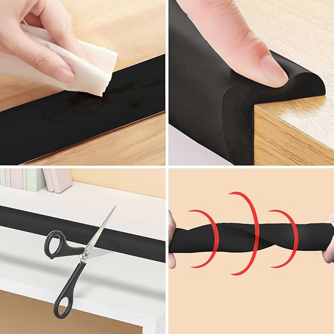 Foam Baby Proof Corners and Edges, Corner Protector Baby(12ft Edge+4corners) Adhesive for Table, Furniture, Cut to Any Size, Easy Install and Remove on Wood Metal Glass