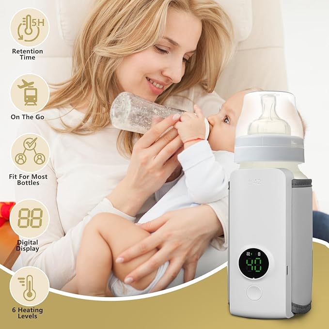 KOCASO Portable Bottle Warmer for Baby - 6 Heating Levels Rechargeable, Keeps Warm 5 Hours, Compatible with All Bottles, Ideal for Breastmilk and Formula on The Go for Home/Family Travel