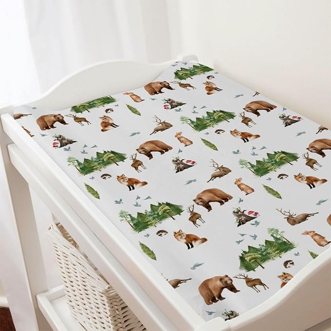 Cartoon Animals Baby Changing Pad Covers Cute Bear Deer Hedgehog Rabbit Birds Trees Mountain Diaper Change Table Pad Cover for Boys Girls Soft Stretchy Fitted Changing Mat Sheets 32''x16''