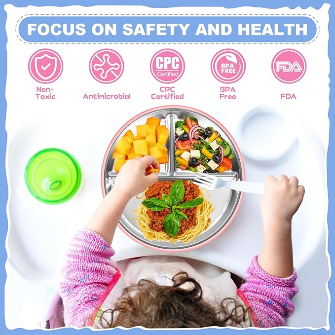 OVV Stainless Steel Kids Plates (2 Pack) 8 Inch Toddler Divided Plates with ﻿Removable Silicone Sleeves & 5 Suction Cups Baby Self Feeding | Mess-Free Mealtime | Dishwasher Safe