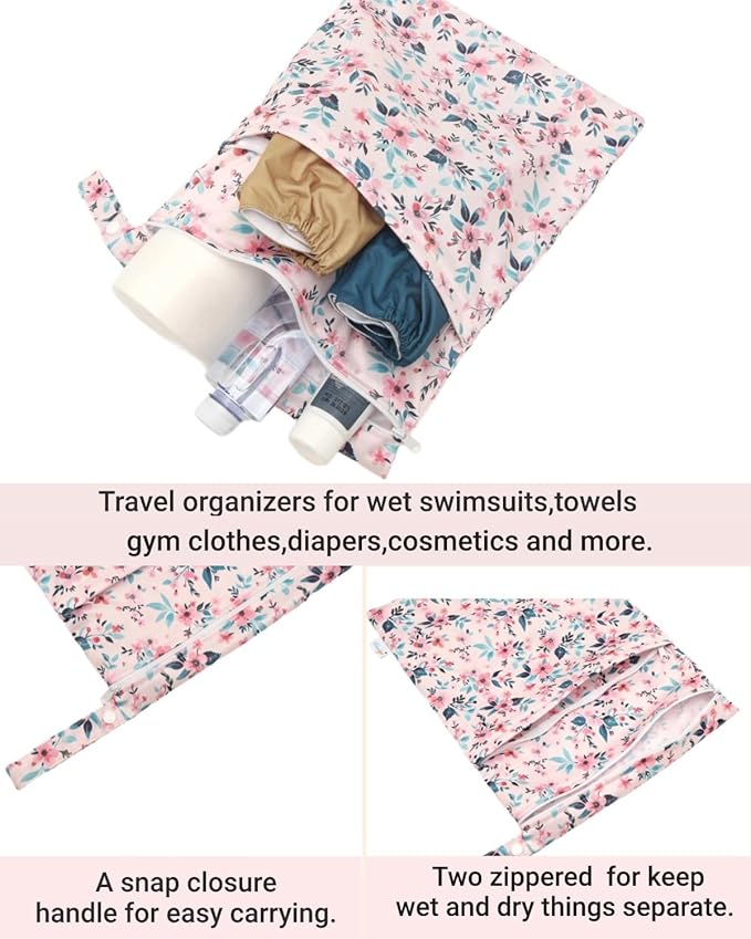 Wet Dry Bags Two Zipper Pockets Travel Beach Pool Reusable Waterproof Yoga Gym Bag for Baby Cloth Diaper Swimsuits Wet Clothes 3 Pack Flowers