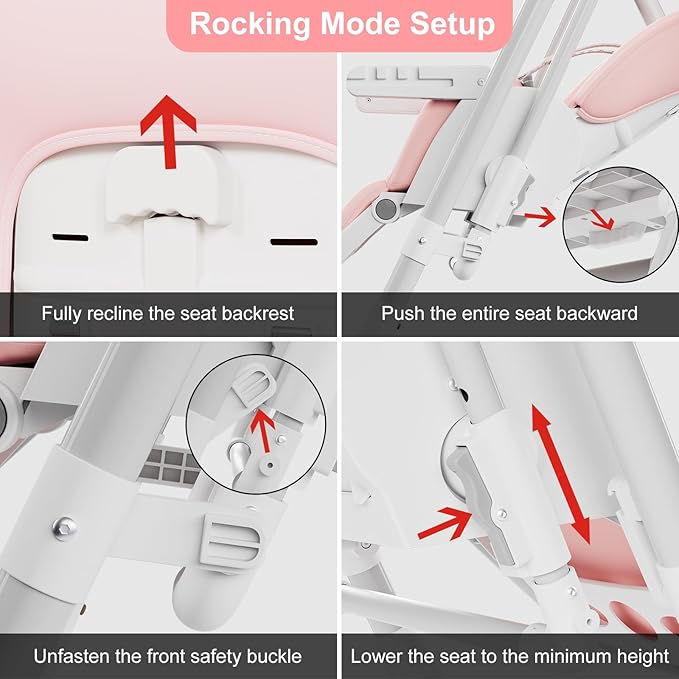 High Chairs for Babies and Toddlers Foldable High Chair Adjustable with Reclining Seat & Leg Rest, 3-in-1 Convertible Baby Rocker with Tool-Free Assembly (Pink)