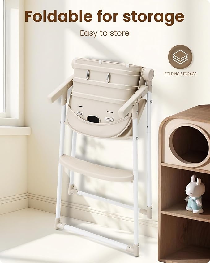 Foldable High Chair for Infants & Toddlers, Adjustable 3-Position Dishwasher-Safe Tray, 5-Point Safety Harness, Space-Saving Design for Dining & Mealtime, Beige