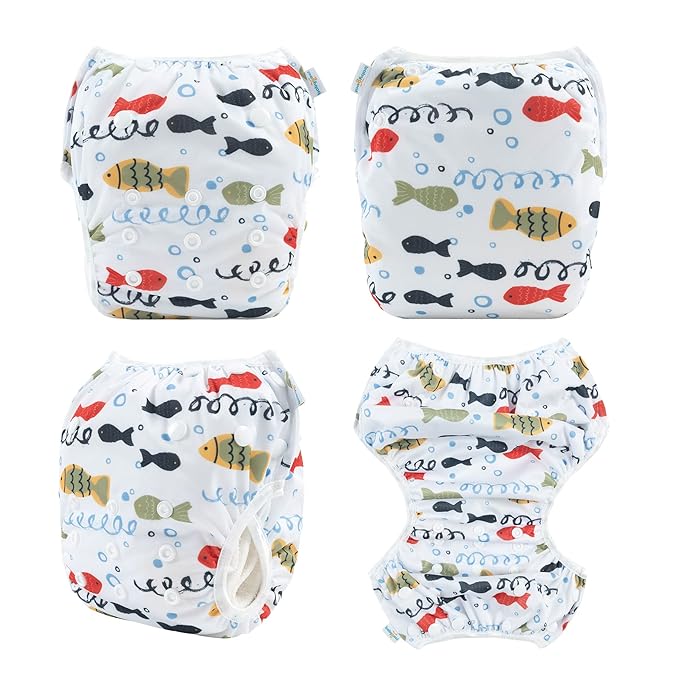 Babygoal Baby Swim Diapers 3 Pack for 0-8 Months Infant Girls and Boys, Reusable Adjustable Washable for Swimming Lessons-Fish,Duck