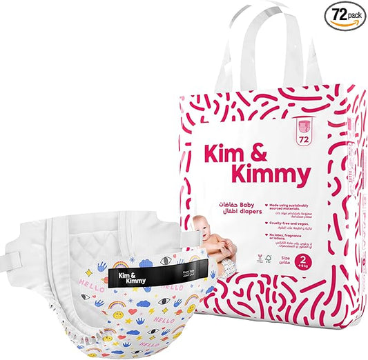 Kim & Kimmy Eco Diapers, Size 2, 9-18 lbs, 72 Diapers - 12 Hour Leak Protection, No Rashes, Hypoallergenic, Ultra-Soft & Highly Absorbent - Cruelty Free & Vegan - Funny Icons