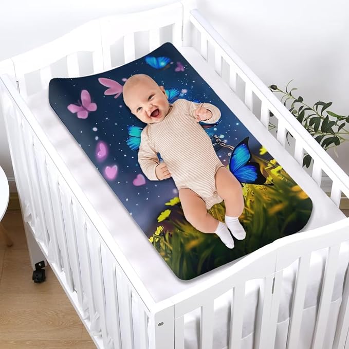 Heart Blue Butterfly Changing Pad Covers Waterproof Diaper Change Table Covers, Stretchy Change Sheet Fit for Most Change Pad Easy to Clean