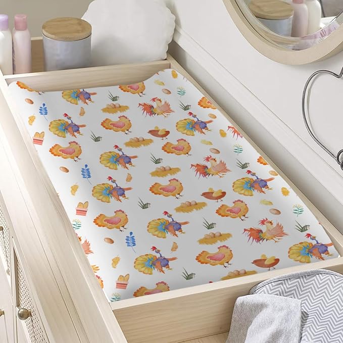 Rooster Hens Chicken Eggs Floral Leaves Changing Pad Covers for Boys Girls Chicken Farm Animals Unisex Diaper Change Table Sheets Soft Breathable Stretch Fitted Changing Pad Sheets Mats 32''x16''