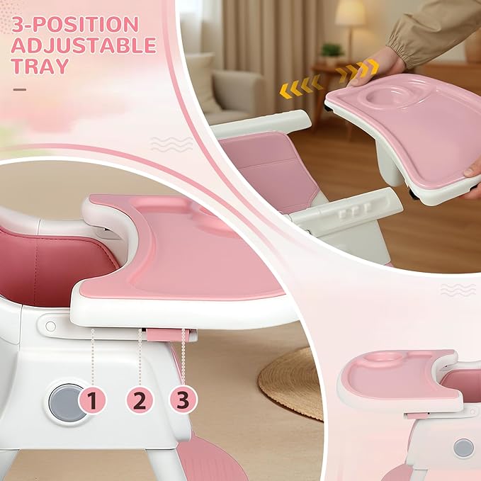 Ktaxon Baby High Chair, 6-in-1 Portable Feeding Rocking Seat with Adjustable Backrest, Removable Tray and 5-Point Safety Harness, Travel Folding Highchair for Toddlers & Babies, Pink