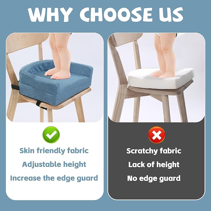 ROYALAY Toddler Booster Seat for Dining Table, Adjustable Height Booster Seat Pad for Kids Chair, 5.3inch Portable Booster Cushion with Straps, Travel Booster Seats for Baby Child Boys Girls(Blue)