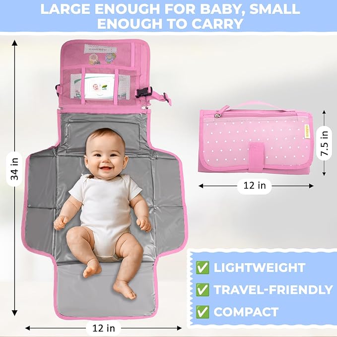 Portable Diaper Changing Mat, Fits Most Changing Tables, One-Hand Hook-and-Loop Fasteners, Front Touchscreen-Friendly Pocket, Pink