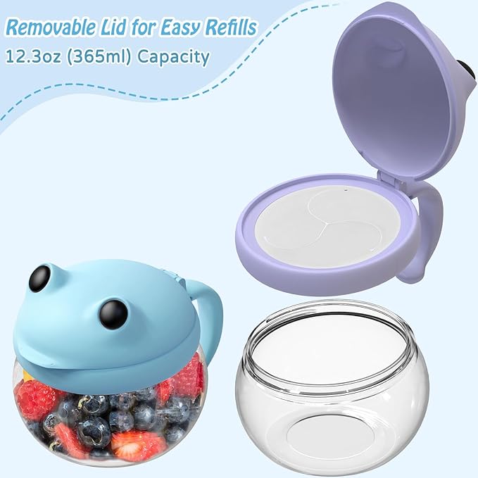 SELEWARE Spill-Proof Toddler Snack Cups 4-Pack - No Mess Snack Catcher with Handle, BPA-Free Tritan & Silicone - No Spill Snack Container for Kids, Baby & Toddlers - Cute Frog Design, Dishwasher Safe