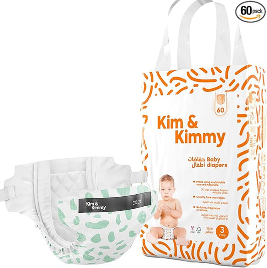 Kim & Kimmy Eco Diapers, Size 3, 13-24 lbs, 60 Diapers - 12 Hour Leak Protection, No Rashes, Hypoallergenic, Ultra-Soft & Highly Absorbent - Cruelty Free & Vegan - Green Dalmatian