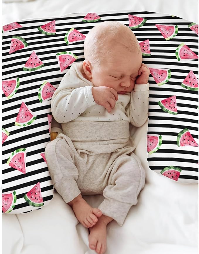Watermelon Black and White Stripes Baby Nursing Pillow Covers for Boy Girl Tropical Summer Fruits Nursery Slipcovers for Breastfeeding Pillows Beach Vacation Soft Stretchy Covers for Newborn Infant