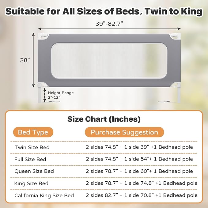 MagicFox 3 Piece King Size Bed Rail for Toddlers, Upgraded Height Adjustable Baby Bed Rail Guard, Thickened Child Safety Bed Rails for King Size Beds (78.7"x78.7"x74.8" Gray)