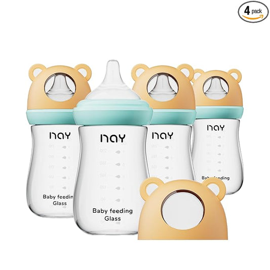 yanyoyo Natural Glass Baby Bottle for Breastfeeding Babies, 8oz Anti-Colic Baby Bottle with Natural Response Nipple(M), Clear, Wide Neck, 4 Pack, 3 Months+