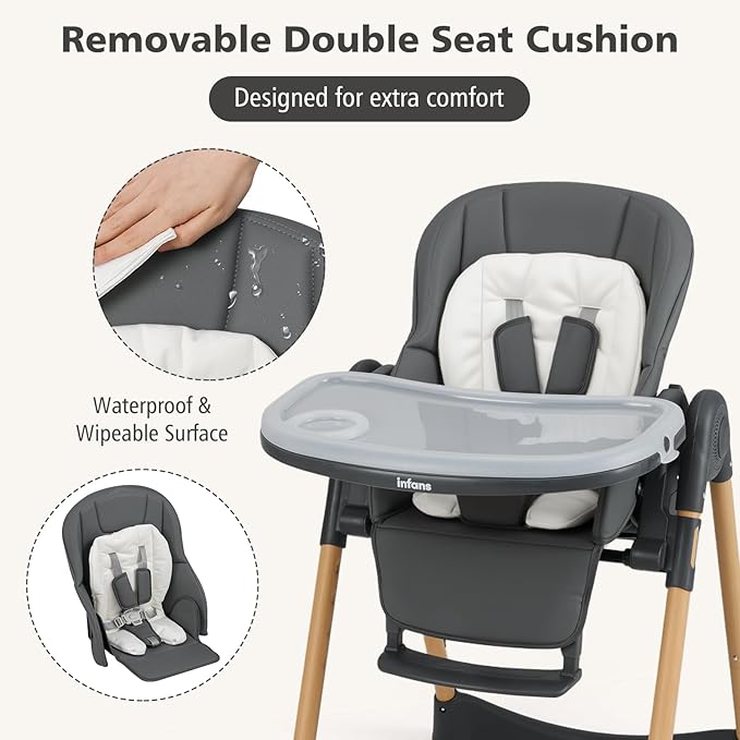 INFANS Baby High Chair, High Chairs for Babies & Toddlers with Adjustable Height Backrest Footrest Removable Tray, Easy to Clean PU Seat Convertible Quick Folding Portable Highchair