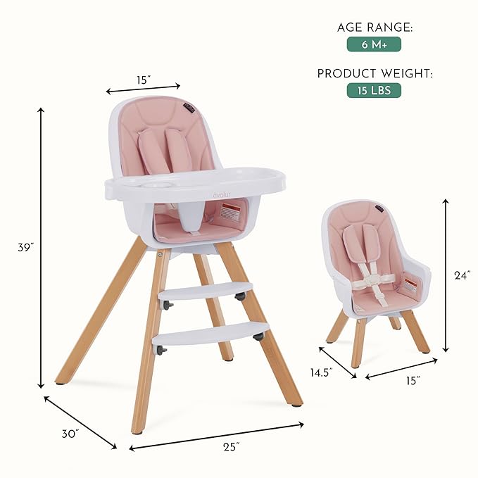 Evolur Zoodle 2-in-1 High Chair for Baby & Toddler – Convertible High Chair to Toddler Chair, Padded Seat, 5-Point Safety Harness, Dual Dishwasher-Safe Trays, Solid Beechwood Legs – Pink