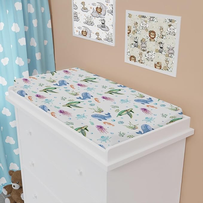 Colorful Sea Animals Changing Pad Cover Ocean Turtle Whale Jellyfish Sea Horse Weeds Sealife Diaper Change Table Pad Cover for Boys Girls Soft Stretch Fitted Changing Mat Sheets Cover 32''x16''