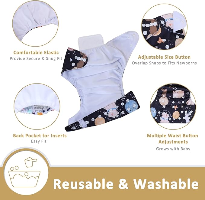 TDIAPERS Cloth Diapers Reusable Washable Pocket Diapers Cover One Size Adjustable for Baby 6 Pack with 12 Inserts
