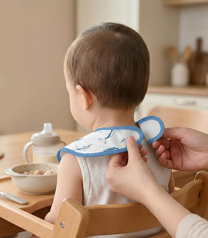 3-Pack Waterproof Baby Bibs for Eating - Mess Proof Lightweight Toddler Feeding Bibs with Large Food Catcher, Food-Grade Baby Eating Essentials, Easy to Put On & Clean(Blue Ocean Whale)