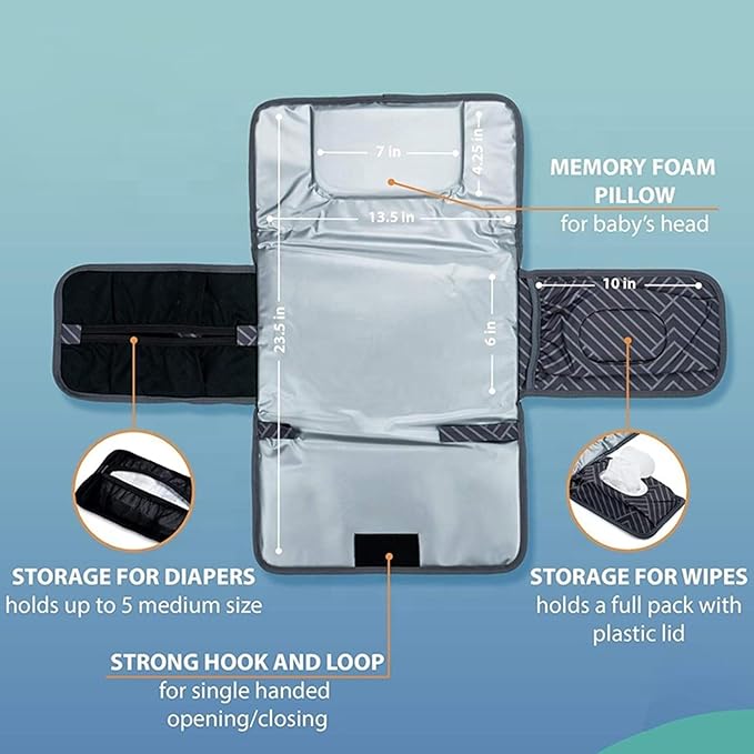 Portable Diaper Changing Pad, Portable Changing pad for Newborn Girl & Boy - Baby Changing Pad with Smart Wipes Pocket – Waterproof Travel Changing Kit (Black Pattern)