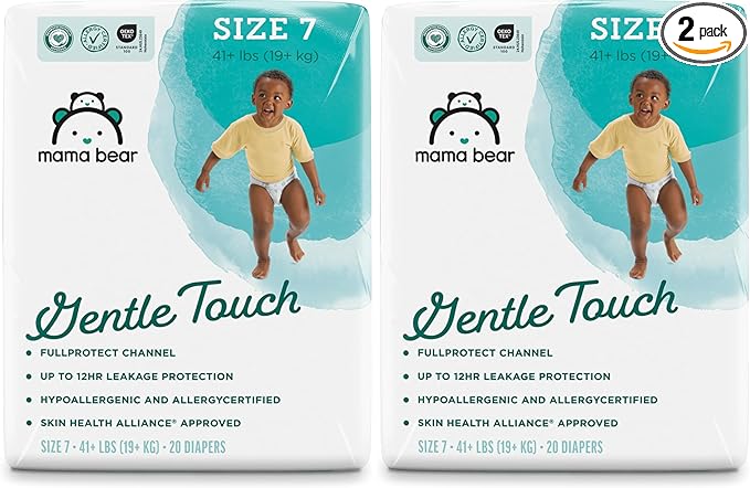 Amazon Brand - Mama Bear Gentle Touch Baby Diapers, Size 7, 20 Count, Wetness Indicator, Stretchy Waistband, Secure Fit (Pack of 2)