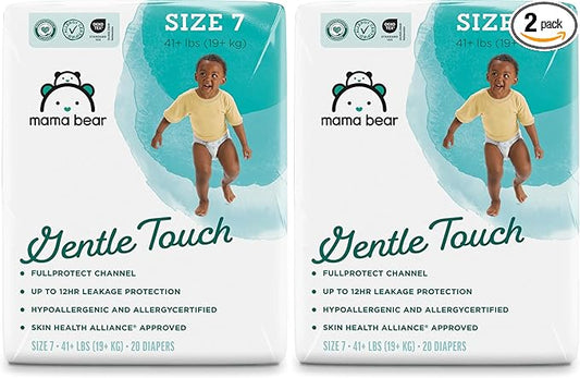 Amazon Brand - Mama Bear Gentle Touch Baby Diapers, Size 7, 20 Count, Wetness Indicator, Stretchy Waistband, Secure Fit (Pack of 2)