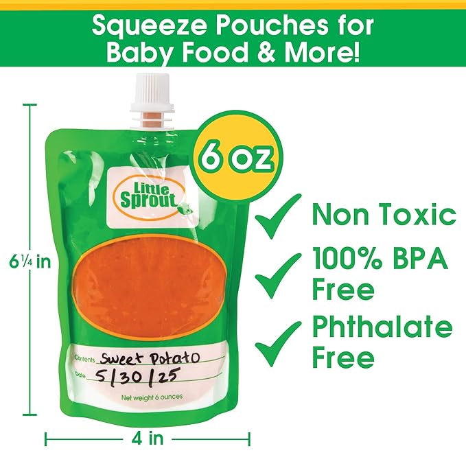 Disposable 6oz Baby Food Storage Pouch Containers, 96 Pack- Write What You Want Squeezable Pouches- Make Homemade Organic Food for Babies/Toddlers- Works with Most Filling Stations Including Infantino