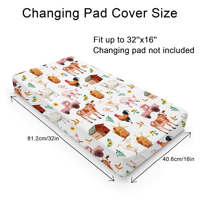 Watercolor Farm Animals Changing Pad Cover Barn Cow Lamb Chicken Pig Hen Duck Tractor Diaper Change Table Cover Sheets for Boys Girls Soft Stretchy Fitted Changing Mat Sheets