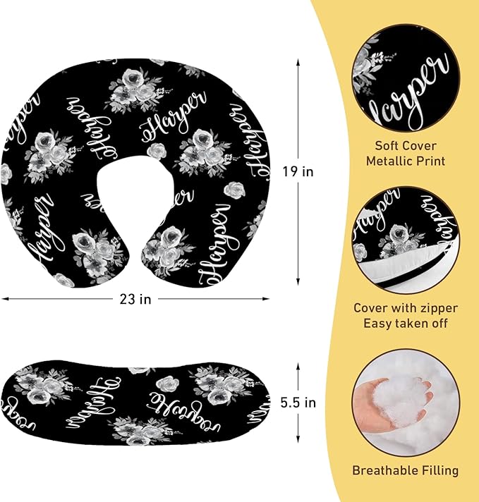 Customizable Flowers Baby Nursing Pillow Cover - Add Your Baby's Name, Ultra-Soft Stretch Fabric, Fits Standard Nursing Pillows, Ideal for Baby Showers Style 11