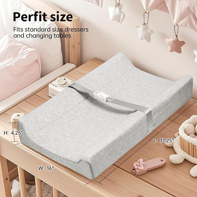 Baby Soft Changing Pad with Washable Cover, Baby Diaper Changing Pads for Dresser Top with Safety Strap,Non Slip Bottom, Topper for Standard Size Infant Diaper Table & Dresser(Gray)