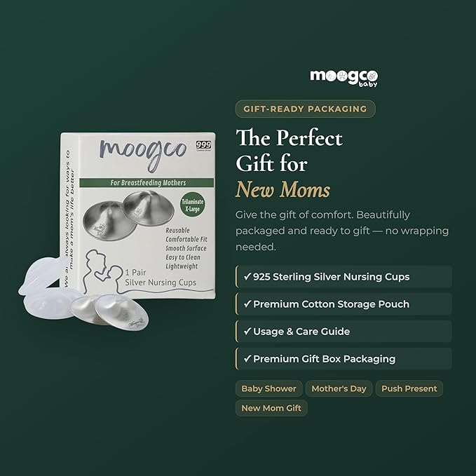 MOOGCO The Original Silver Nursing Cups - Nipple Shields for Breastfeeding Newborn - Breastfeeding Essentials - 999k Tri-Laminate Silver for Larger Sizes (X-Large, Set of 2)
