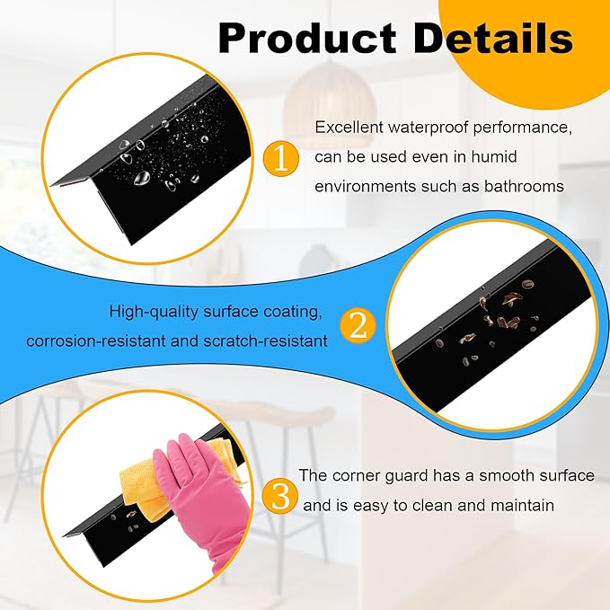 4PCS 48" Metal Corner Protectors, Aluminum Self Adhesive Corner Guards, Metal Wall Edge Protector Strip, Furniture Corner Protectors, Edge Trim for Cabinets and Kitchen Islands (Black, 48"x2"x2")