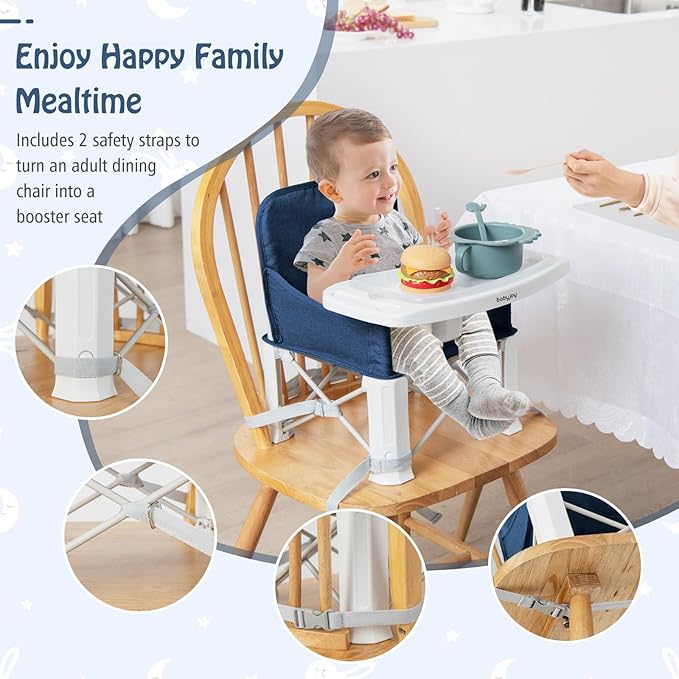BABY JOY Travel Booster Seat with Double Tray, Folding Portable High Chair Booster Seat for Dining Table, Indoor/Outdoor Use, Camping, Beach, Lawn, Compact Baby Seat with Straps & Carrying Bag (Blue)