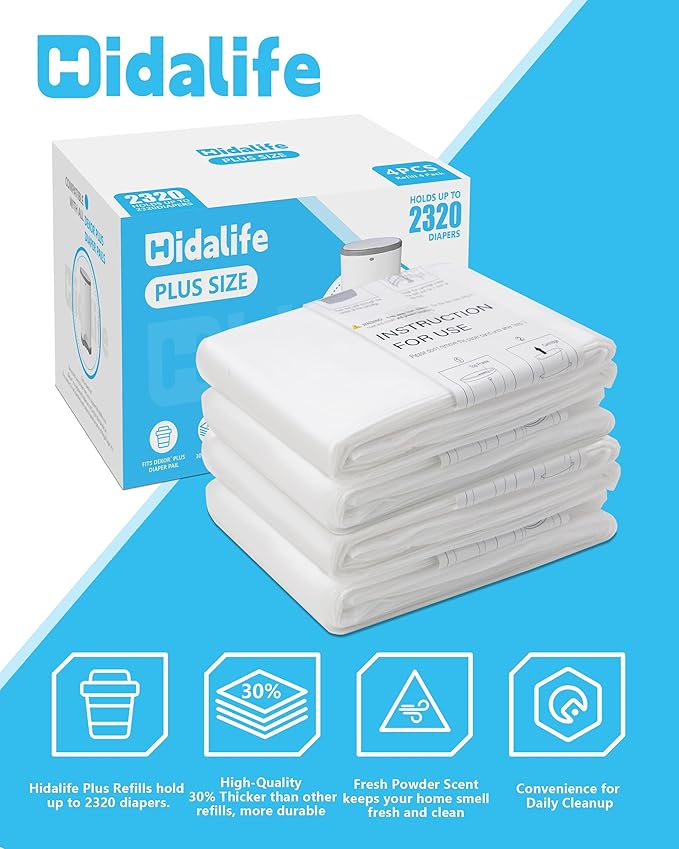 HIDALIFE Refills Compatible with Dekor Plus Diaper Pails, Disposable Diaper Trash Bags, Extra Thick Diaper Pail Refill Liners, Hold Up to 2320 Diapers (4 Pack Plus)