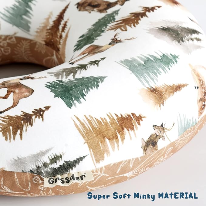 GRSSDER Nursing Pillow Cover Stretchy Minky Removable Nursing Covers for Breastfeeding Pillows, Ultra Soft Comfortable Slipcover for Boy and Girls, Stylish Watercolor Forest Deer and Leaves