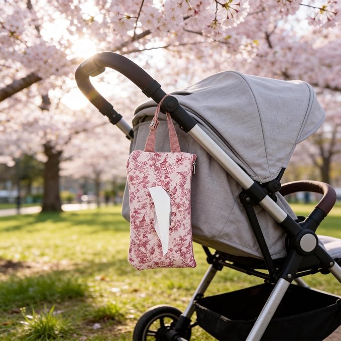 Quilted Baby Wipe Holder, Canvas Floral Quilted Pouch with Hanging Strap, Portable Diaper Wipe Holder for Travel Stroller-Classic Pink