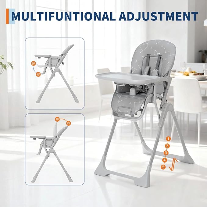 Baby High Chair, Foldable Feeding Chairs for Babies and Toddlers, Adjustable Height/Backrest/Footrest, Removable Tray, Fast Folding Gray